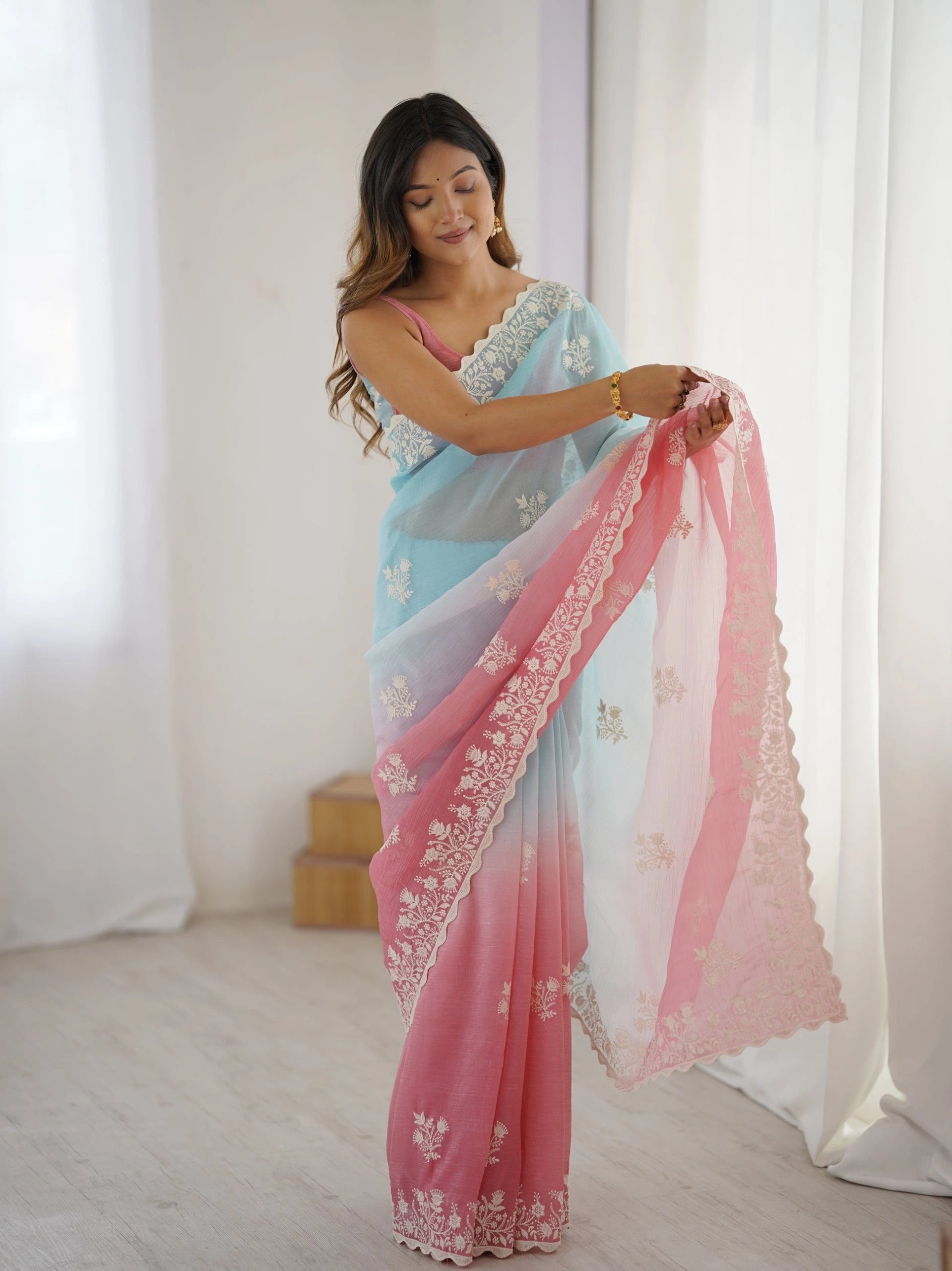 Sky Blue Pink Thread Embroidered Cotton Saree